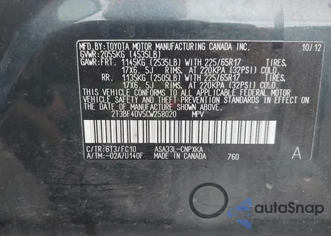 2012 Toyota Rav4 from USA, damaged, VIN 2T3BF4DV5CW258020